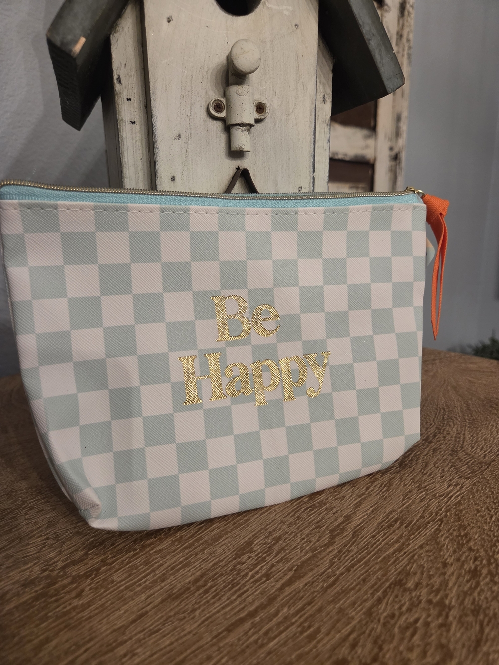Be Happy Checked Cosmetic Pouch - Mint & White with Gold Accent